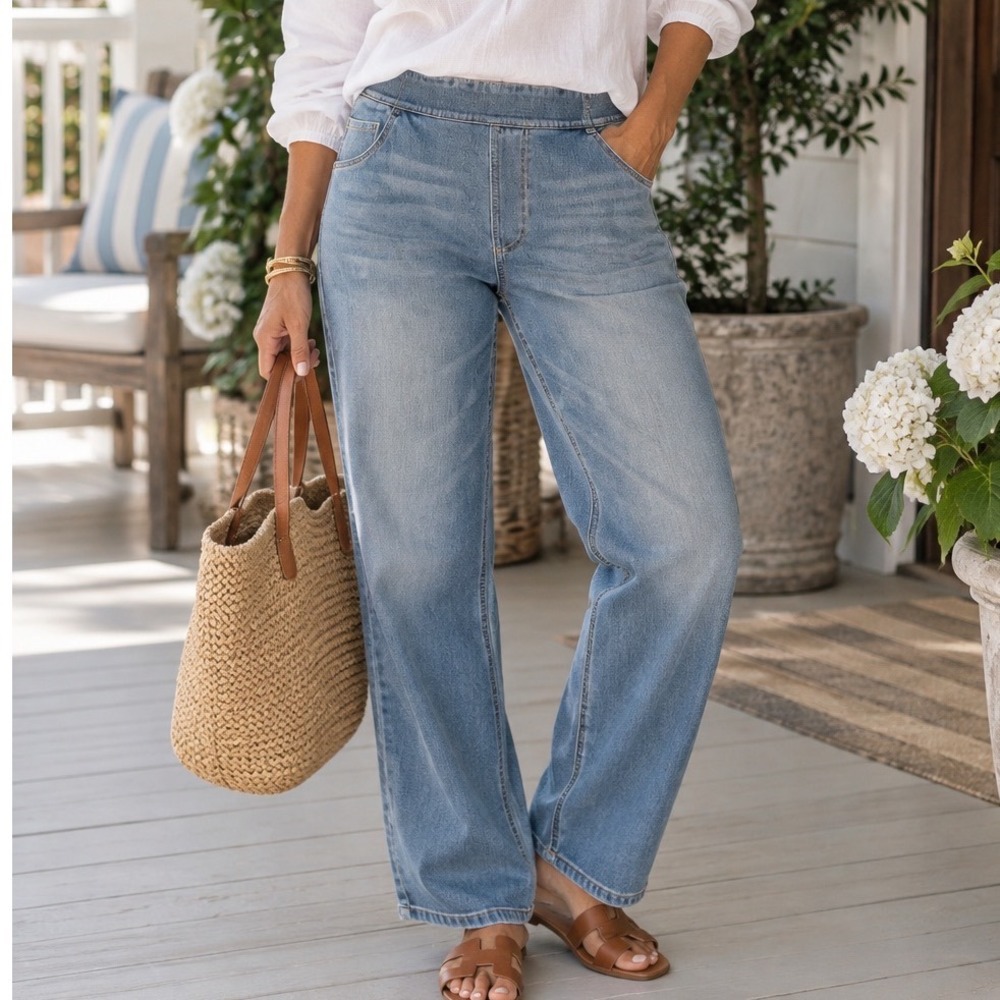 Halara Breezeful High Waisted Wide Leg Pull On Jeans Light Wash Medium Petite D7